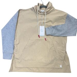 Calme by Johnny Tan Mix Nylon Hooded Pullover Kangaroo Pockets Oversized Cozy XS